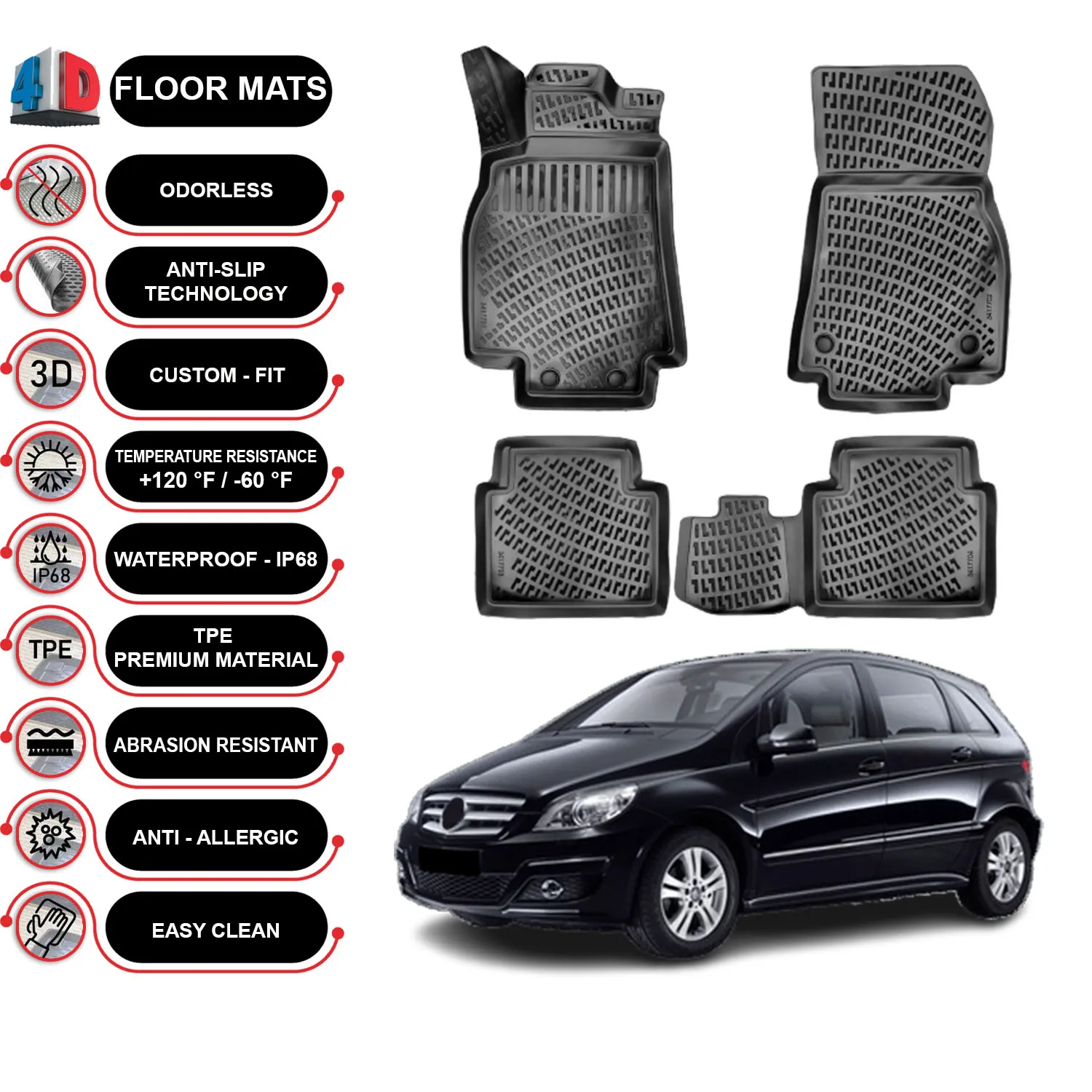 Mercedes B Class W245 - (2005-2011) Floor Mats Liner Waterproof 3D - (Black)