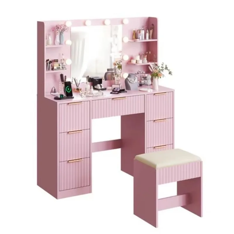 7 drawers 4 shelves Pink particle board dresser set with 10 tri-color light bulbs and power board grille, dresser