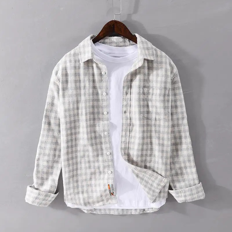 

Trendy Brued Plaid Long Sweater irt for Men And Youth Breathable Cotton Japanese Retro Sle Square Collar Open Cardigan