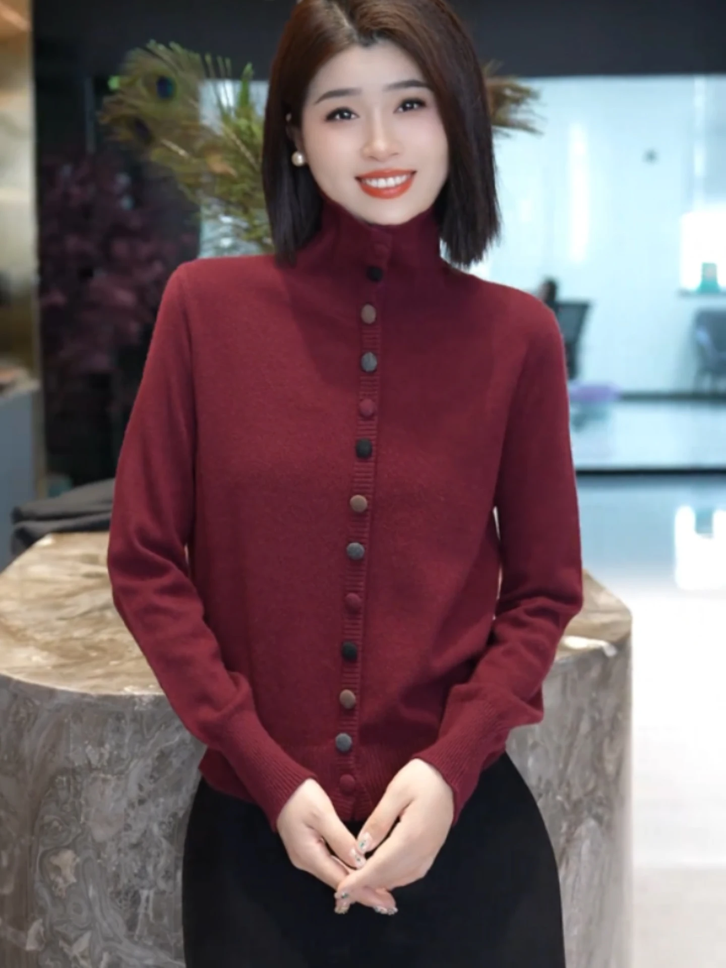 

Ele High-Ne Long-Sve Knitwear Faionable Single-Button Sweater Top Korean Sle Loose Fit Autumn Winter New Arrival