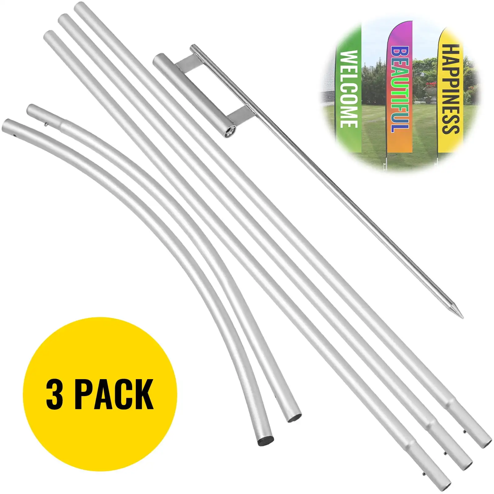 

Advertising Flag Pole3 x Feather Bundles16ft Windless Pole Sets & Ground Mounting Stake,6pcs Swooper Pole Kit