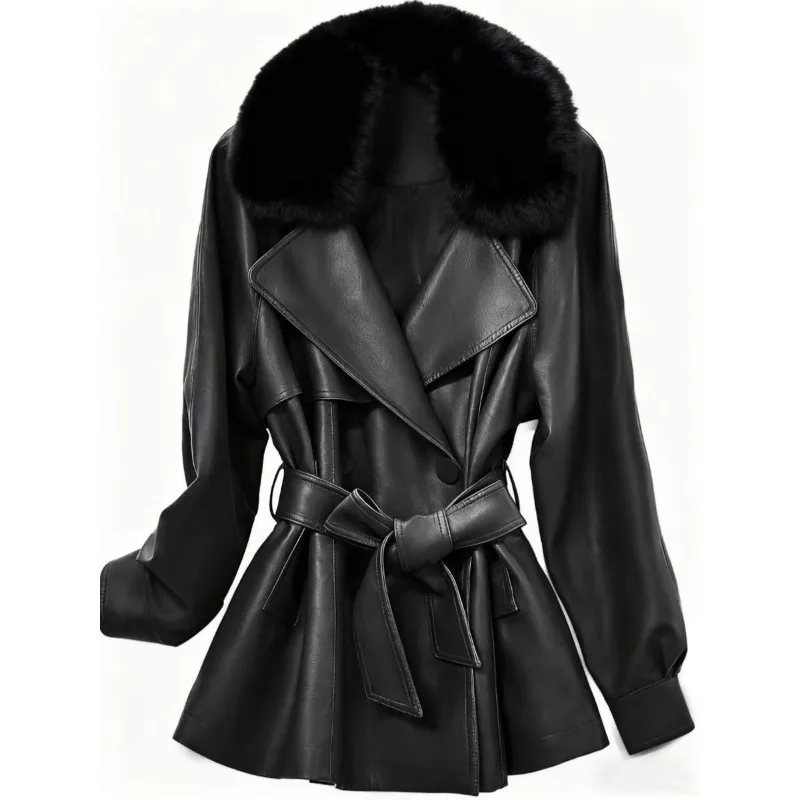 Cotton PU Leather Women's Lace-up Waist Leather Jacket Autumn Winter Large-sized Thick Coat Noble Lady's Fur Collar Detachable