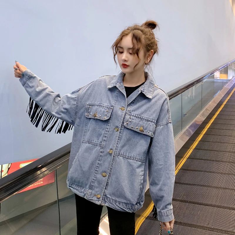 Autumn Winter Jackets Coat Outwear Female Heavy Industry Fringe Denim Jacket Women Embroidery Rivet Long Sleeve Casual Jacket