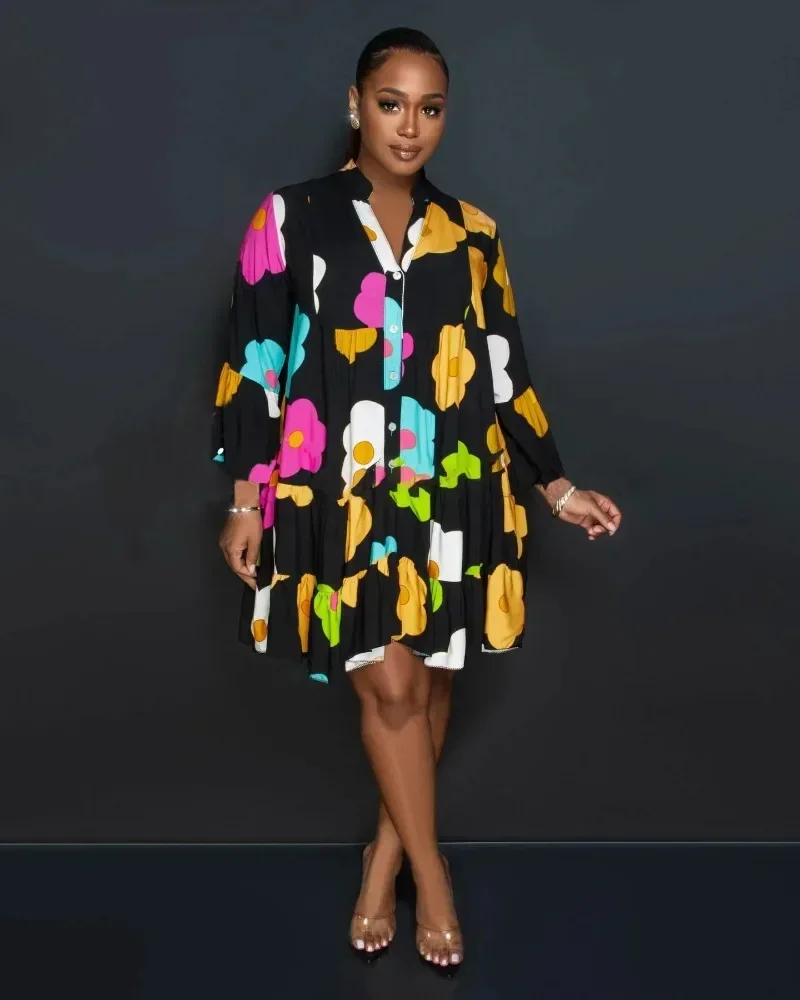 GUWU 花柄プリントランタン長袖シングルブレストルーズシャツスタイルベビードールドレスシックなベスティド女性用ドレス