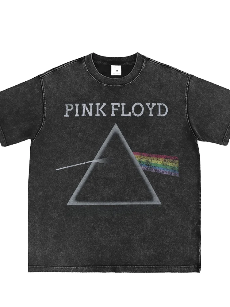 PinkFloyd Washed Vintage Grey American Street Style Short Sleeve T-Shirt Rock Band Print Loose Fit Cotton Casual Top