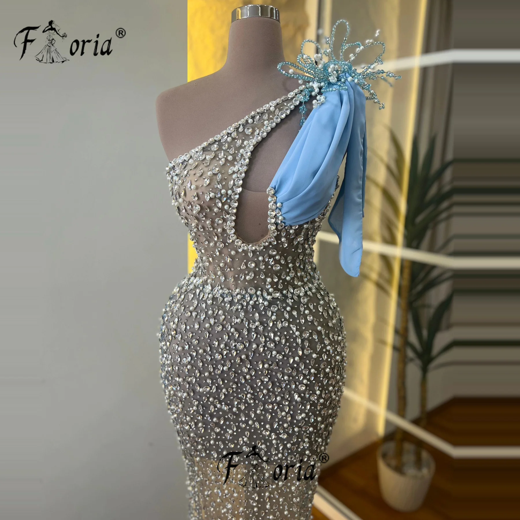 Luxury Full Crystals Stone Nude Party Dresses Arabic Stunning Beads Pearl Floor Length Formal Evening Dress Celebrity Customized