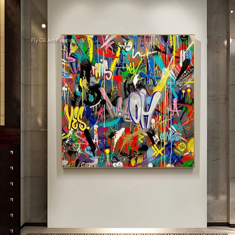 Abstract Colorful Graffiti Oil Painting Hand Pianted New Design Text Drawing Canvas Wall Art Decor For Room Hall Decor As Gifts