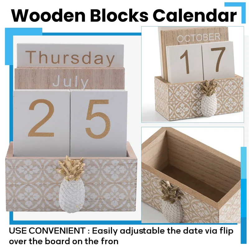 A59E-Kalender Blok Meja Flip Kayu, Tampilan Kalender Papan/Meja Abadi, untuk Dekorasi Rumah/Kantor, 11,5X6,5X14,5CM
