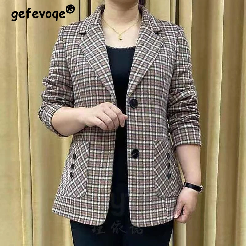 Middle Aged Women Clothes New Spring Autumn Vintage Casual Plaid Button Blazer Jacket Ladies Elegant Long Sleeve Loose Suit Coat