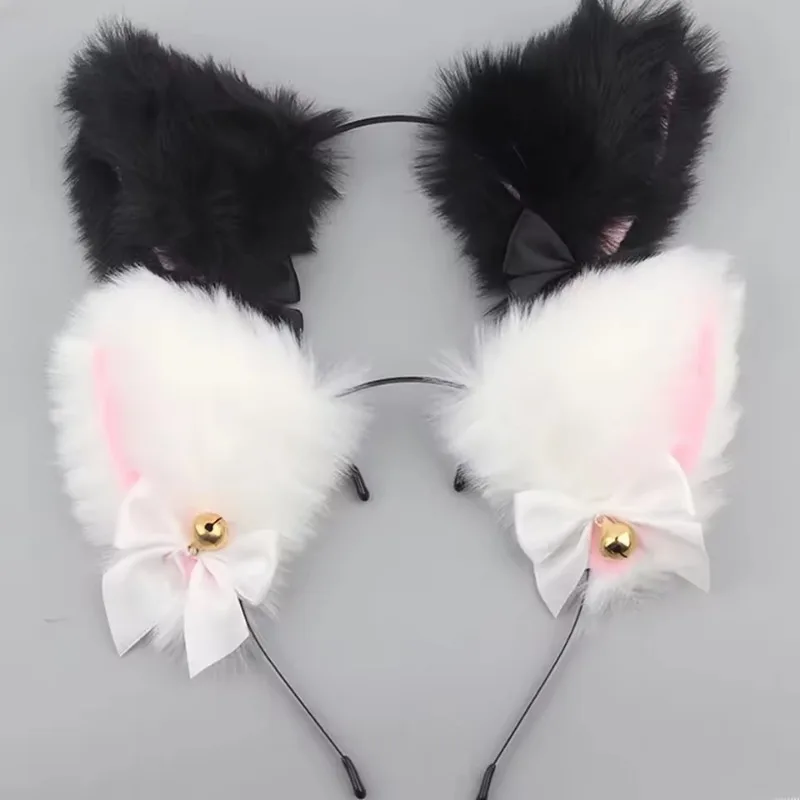 Cute Cat Fox Ears Headband With Bell Bow Girls Cosplay Hair Accessories Halloween Fancy Dress Party Costume Decor