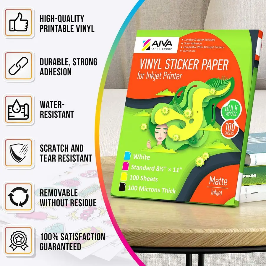 ورق لاصق فينيل للطابعة النافثة للحبر أبيض غير لامع 100 ورقة ذاتية اللصق ورق لاصق مقاوم للماء حجم الحروف القياسية 8.5x11