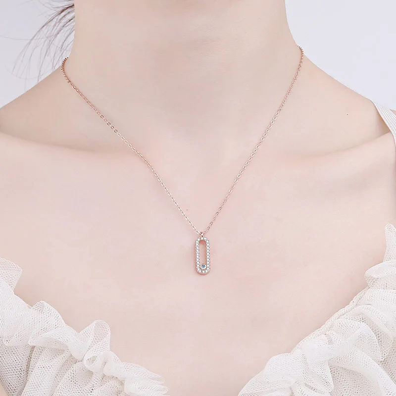 Paper Clip S925 Pure Silver Necklace Moissanite Pendant Collarbone Chain