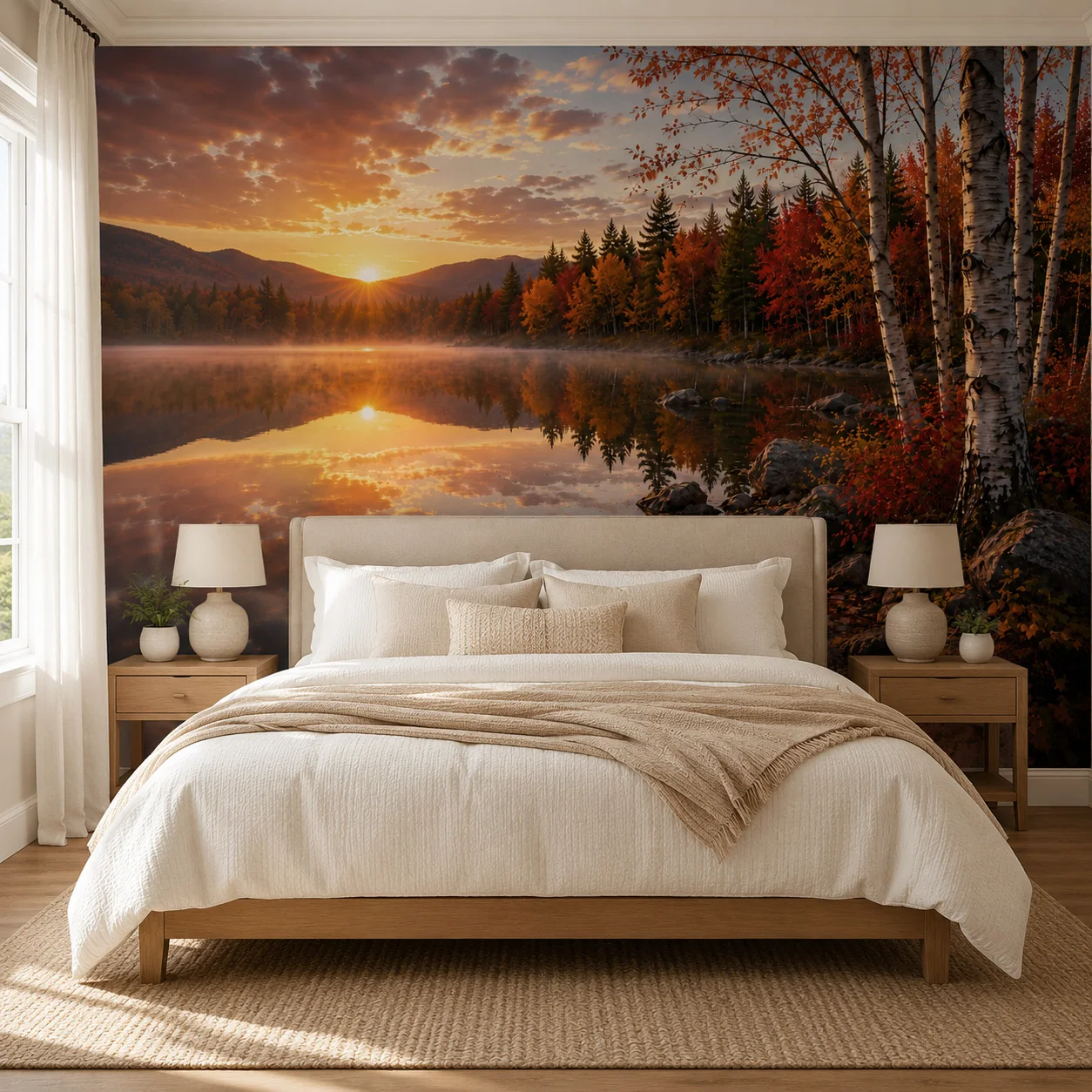 Custom Autumn Lake Forest Wallpaper Mural Sunrise Birch Tree Landscape Wall Decor for Living Room Bedroom Non Self Adhesive