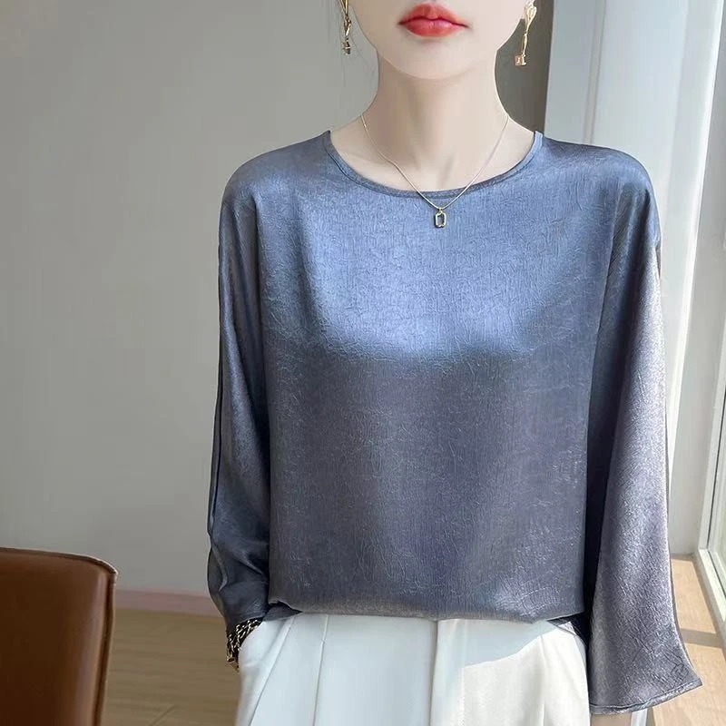 

New High Quality Summer Elegant O-neck Plus Size Silk Satin Blouse Women Shirts Office Ladies Loose Tops Haut Femme