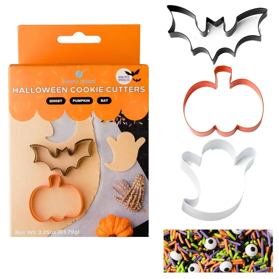 Cortadores de galletas de Halloween con mezcla de especias, globos oculares de caramelo, rociadores de 2 oz + 3 cortadores de galletas sin alimentos, calabaza, fantasma, murciélago, Halloween
