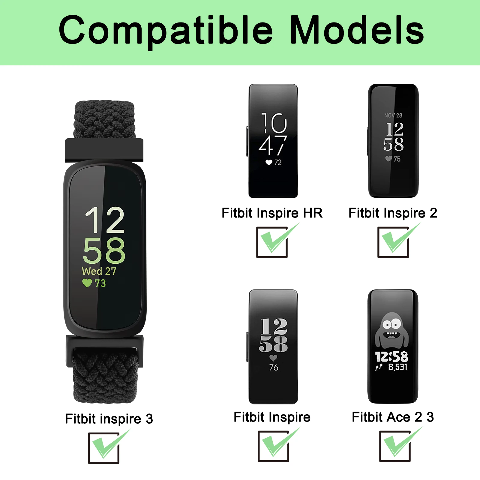 Fitbit Inspire 3/2/HR Inspire 시계 밴드용 땋은 솔로 루프 Fitbit ACE 3 2 스포츠 팔찌 교체용 조절 가능한 손목 밴드