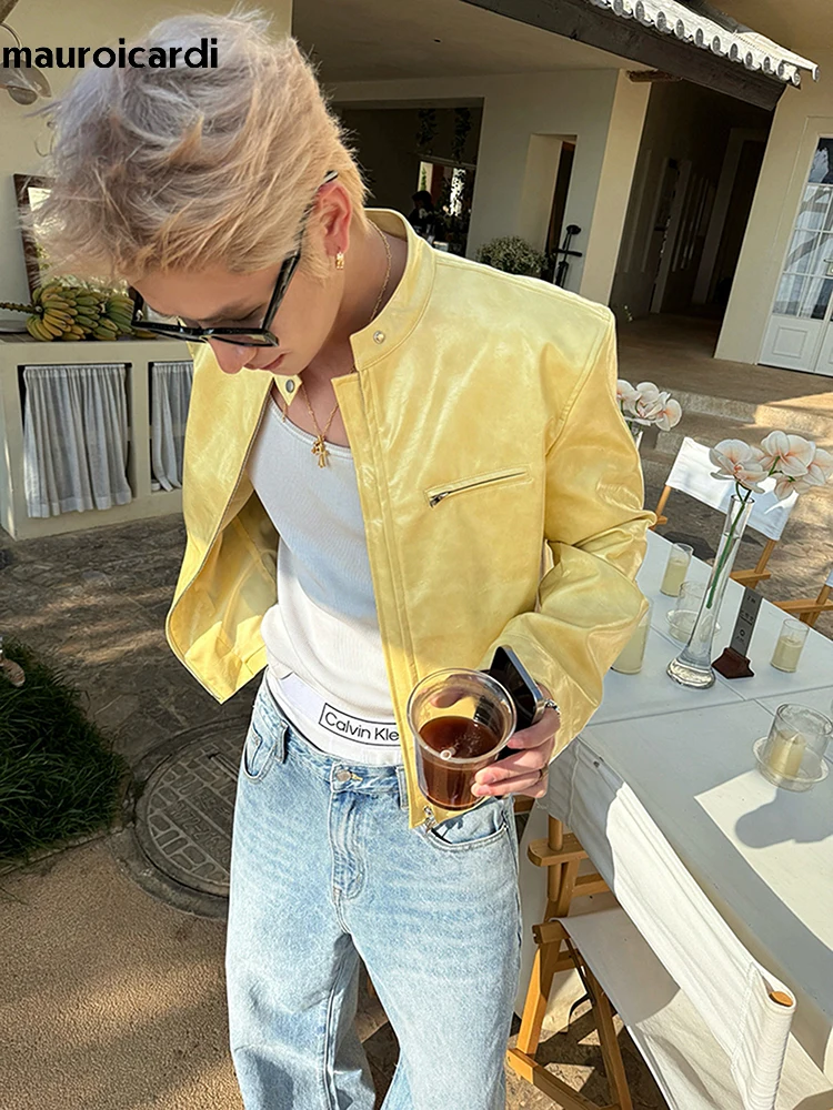 

Mauroicardi Spring Autumn Cool Handsome Short Shiny Yellow Pu Leather Racer Jacket Men Zipper Luxury Designer Emo Clothes 2026
