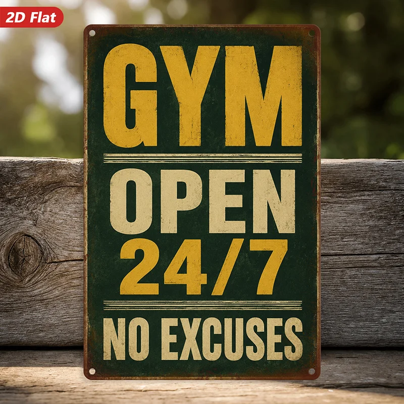 2D Flat, 1pc Gym Motivation Metal Sign Wall Art, Home Decor, Gym Open 24 7 Text, No Excuses Message, Bold Block Typography, Idea