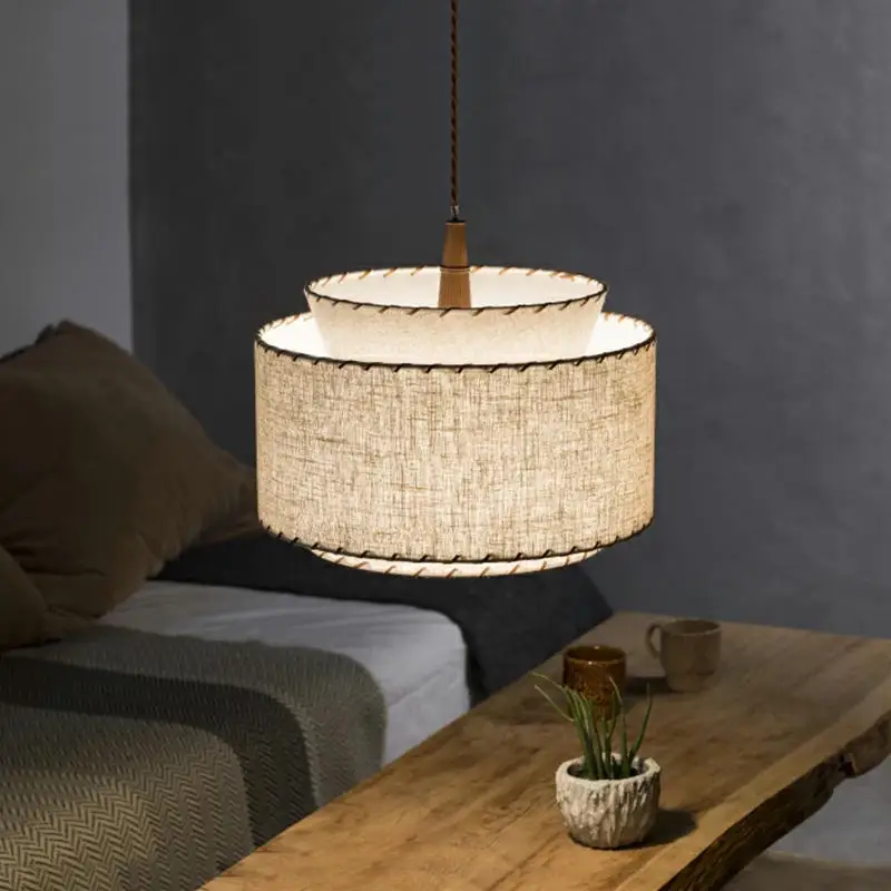 

Japanese Wabi-sabi Rotundity White Double-layer Fabric Hanging Lamp Kitchen Island Restaurant Living Room Bedroom Pendant Lights