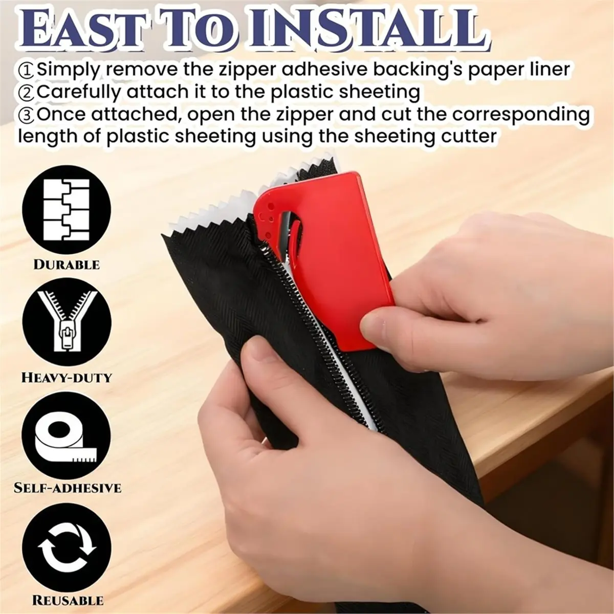 AB09 4 Pack Dust Protector Zipper,with Plastic Sheeting Cutter, Double Sided Self-Adhesive Dust Proof Door for Indoor Outdoor