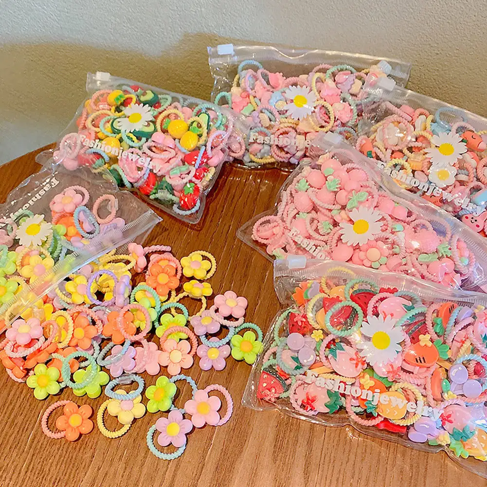 20pcs/bag Cute Cartoon Children Elastic Hair Bands Kids Girls Bow Scrunchies Hair Ropes Sweet Hair Circle Baby Hair Accessories