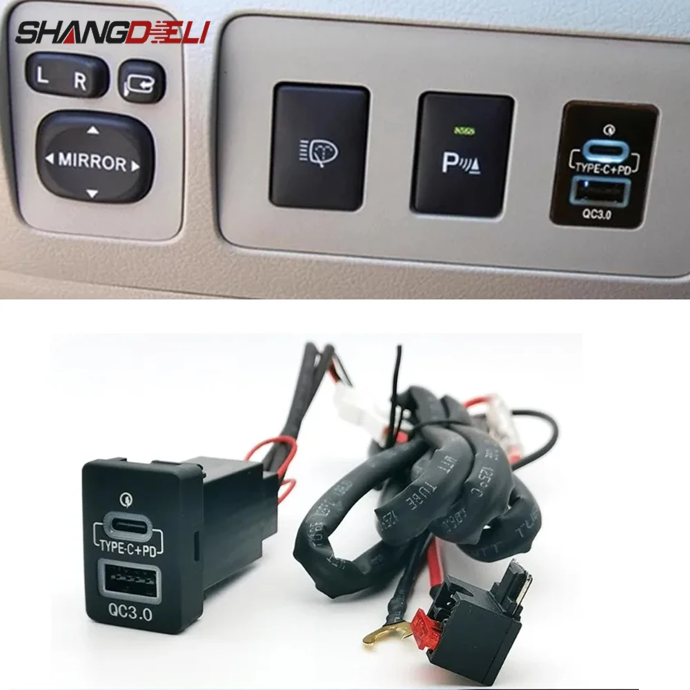 1PC Car Dual USB QC3.0 Type-C PD Charger Socket Power Adapter for Toyota Camry 50 Prius Corolla Land Cruiser PRADO RAV4 07 - 14