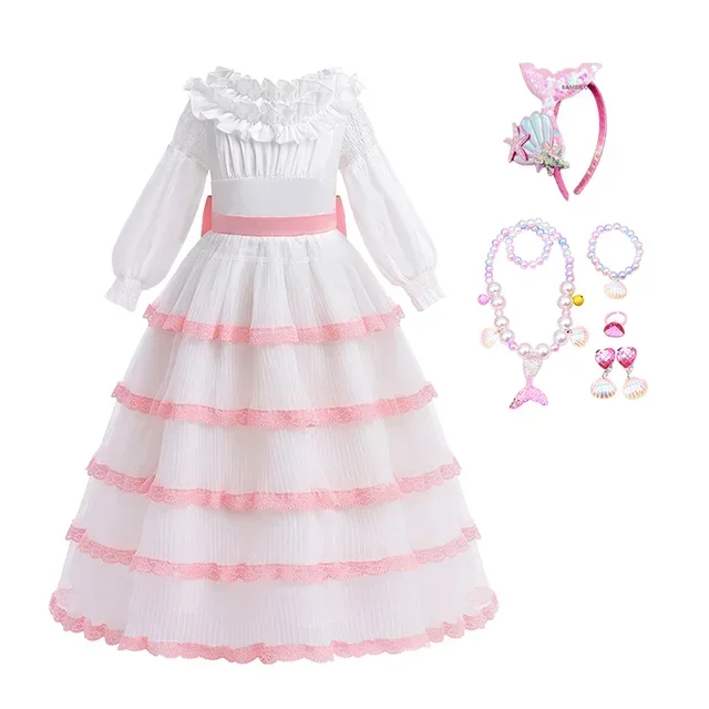 2023 Halloween Cosplay The Little Mermaid Princess Dress for Girls Children Cake Tiered White Blue Princess Lolita Mermaid Dress