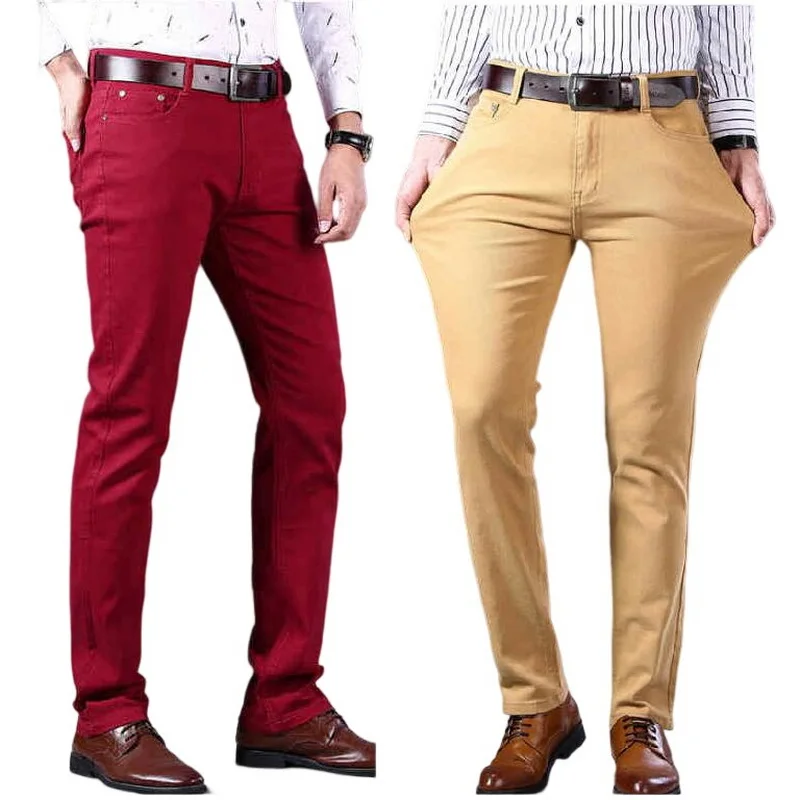 Men Jeans Yellow Fashion Classic Slim Fit Soft Trousers Blue Male Brand Stretch Pants 3 Colors Size 28-38