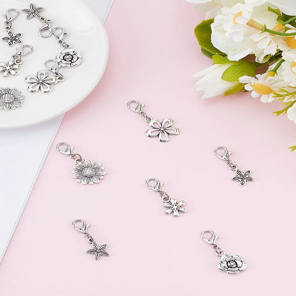 12Pcs 6Style Alloy Pendant Decorations with Alloy Lobster Claw Clasps Flower Silver Platinum 26~30mm 2pcs/style