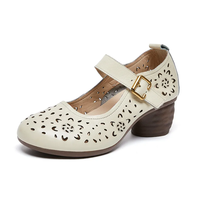 2023 Summer Fashion Hollow Out Genuine Leather Women's Pumps Ethnic style Shallow Women Shoes Med Heels Thick Heel Ladies Shoes