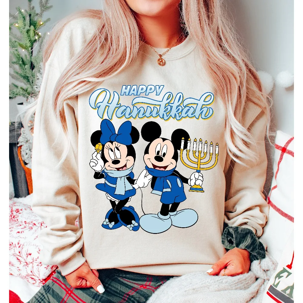 تي شيرت ديزني ميكي وميني ماوس هانوكا السعيد، سترة عطلة يهودية تشانوكا مينورها دريدل، عيد الميلاد ديزني لاند