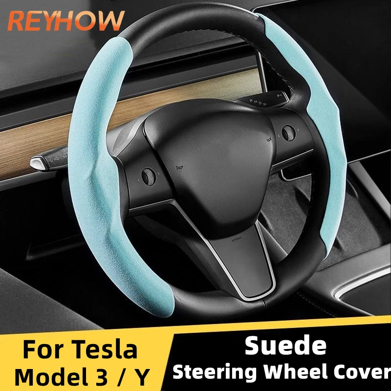 

Car Steering Wheel Cover For Tesla Model 3 Model Y Suede Non-Slip Sweat Absorbent Breathable Car Interior Sport Protective Cover