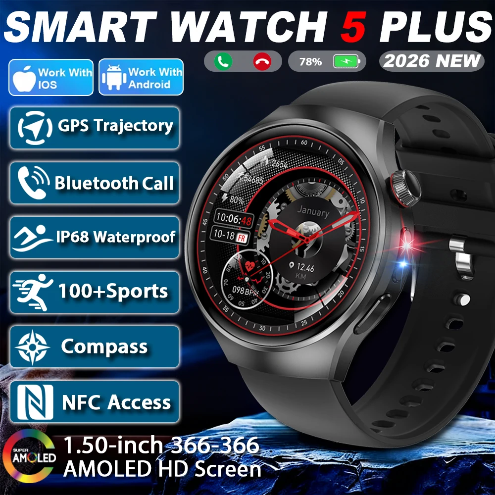 

New Watch 5 Plus Outdoor Sport Smart Watch Men 1.5inch HD AMOLED Screen GPS Altitude Pressure IP68 Waterproof BT Call Smartwatch