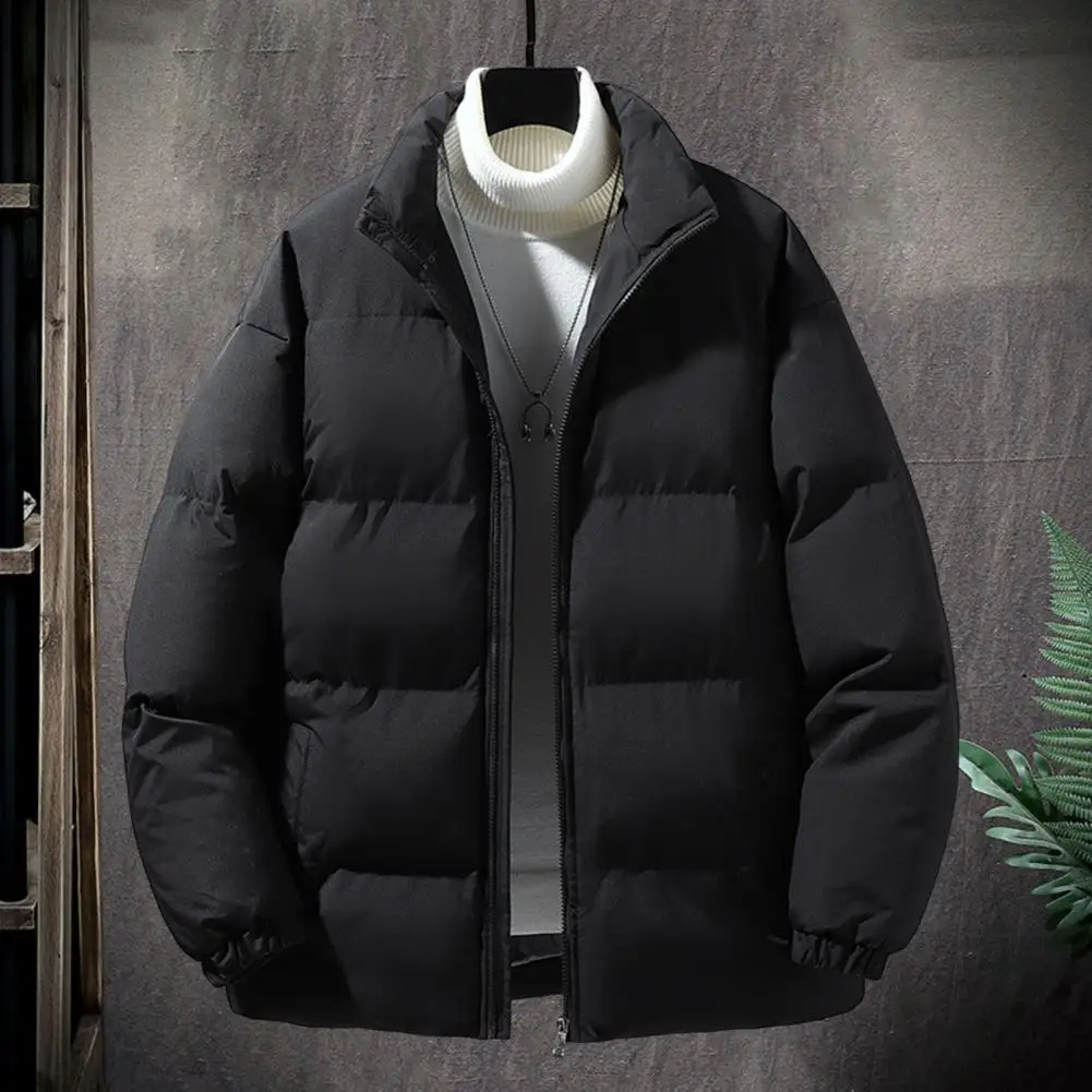 Men Loose Fit Puffer Coat Solid Color Men Jacket Quilted Puffer Jacket with Stand Collar Side Pockets for Men Thickened Loose