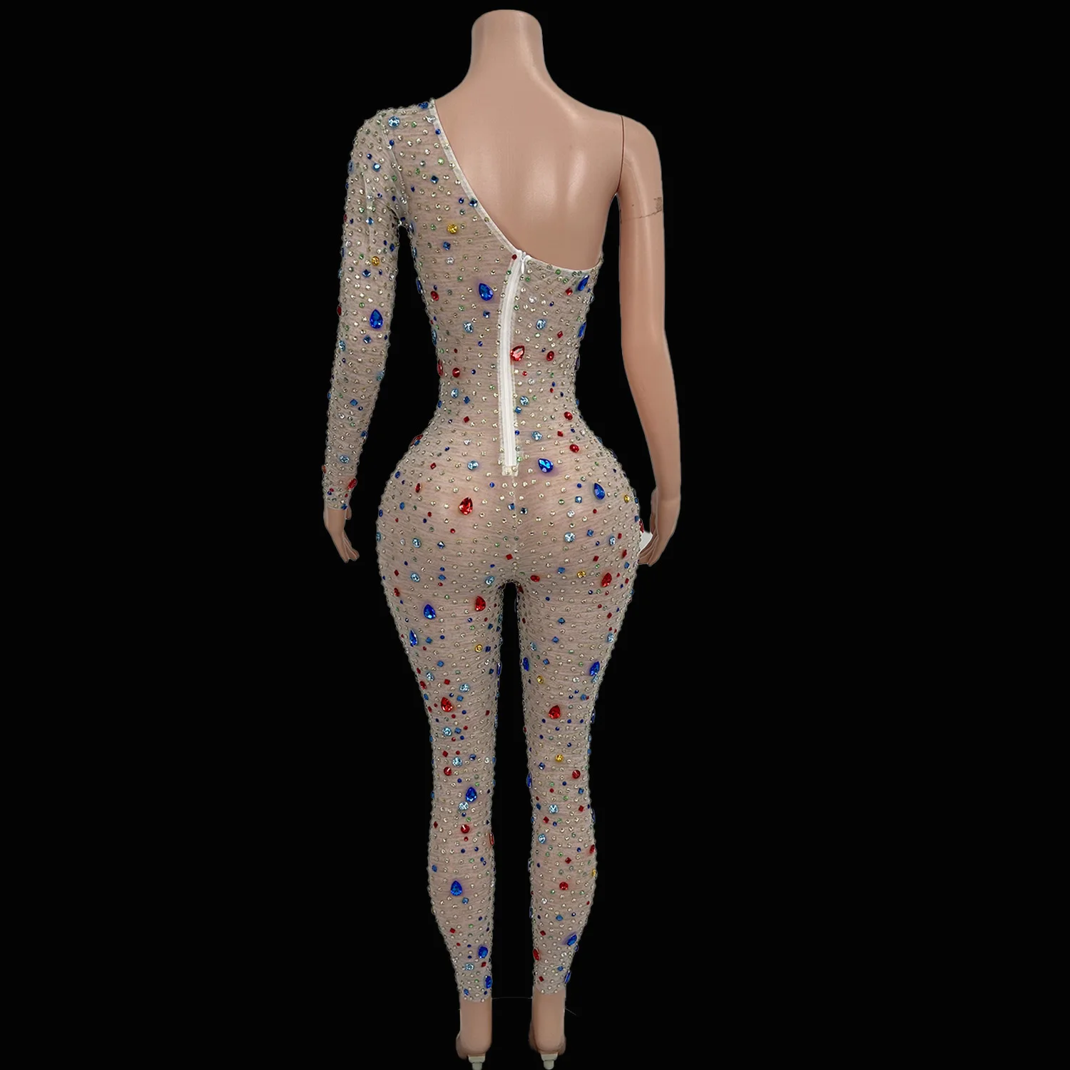 Shiny Colored Rhinestone One Sleeved Jumpsuit Sexy Mesh See Through Tight Pants Gymnastics Acrobatics Performance Costume Tang