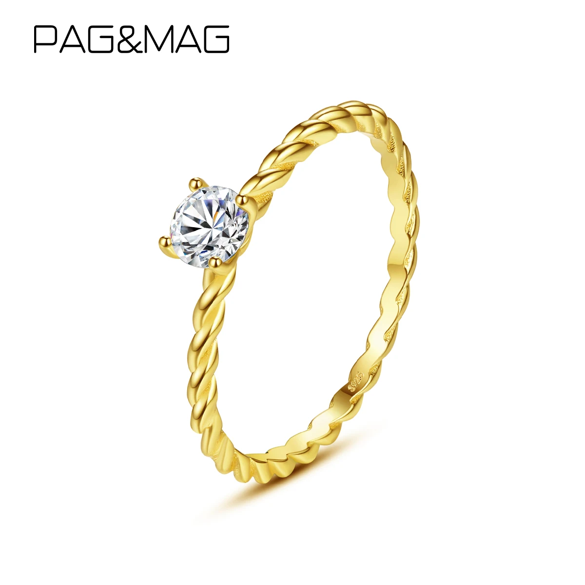 

PAG&MAG Zircon Engagement Woman Rings 925 Silver Luxury Gold Rope Twisted Design Elegent Simulate Shiny CZ Simple Finger Bands