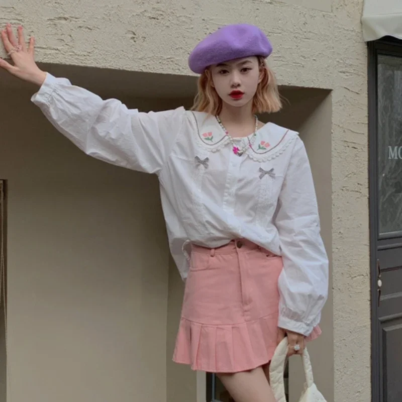 

Shirts Women Cute Sweet Girls Tops Ulzzang Bow Chic Students High Quality Trendy All-match Elegant Retro Cozy Ins New Hot Sale