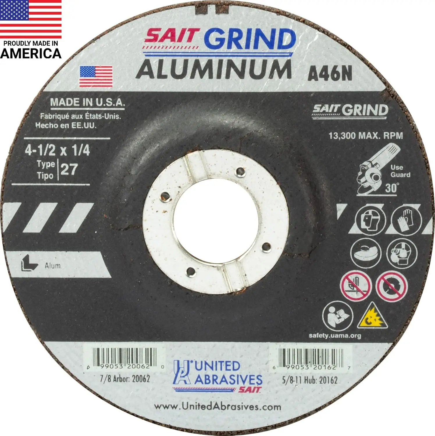 

Abrasives-SAIT 20062 A46N Aluminum Grinding Wheel (Type 27/Depressed Center) 4 1/2" x 1/4" x 7/8", 25-Pack