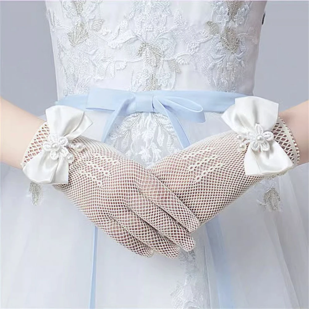 Gants de mariage pour mariées, en maille décorée de perles, style princesse, pour spectacle sur scène, maille à haute élasticité, avec nœud, blanc et rose