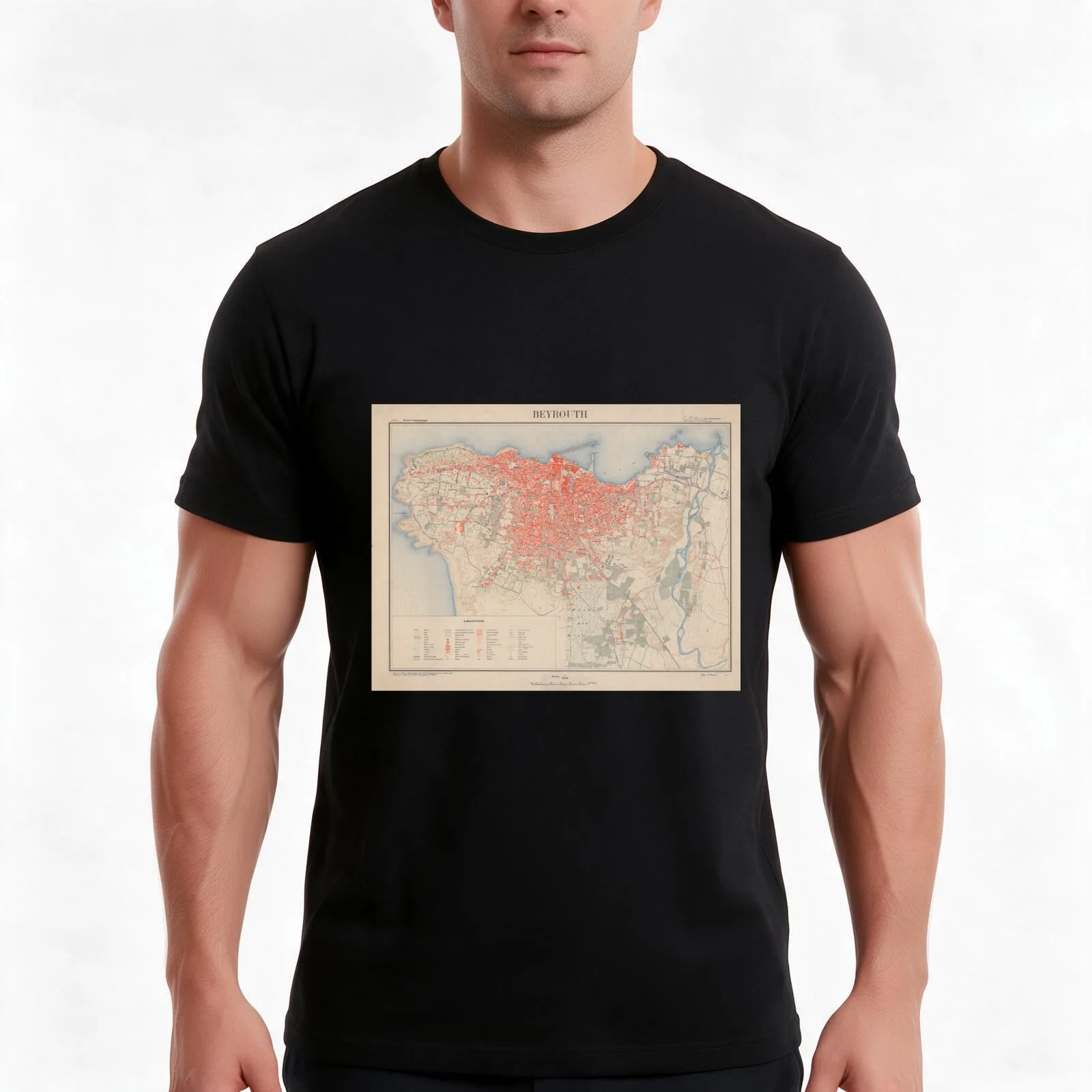 Vintage Map of Beirut Lebanon (1922) T-Shirt Summer Casual Cotton Tee Oversized Streetwear Tops Vintage Graphic Print