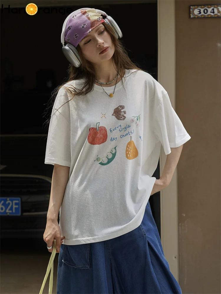 

HanOrange 2025 Summer Snowflake Cotton Printed Short Sleeve T-shirt Women Lightweight Breathable Top Tees White/Light Gray