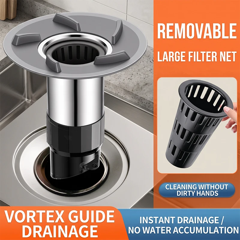 Anti Odor Vortex Floor Drain Core with Hair Strainer and 78mm Large Panel Shower Drain Backflow Preventer Clog Prevention