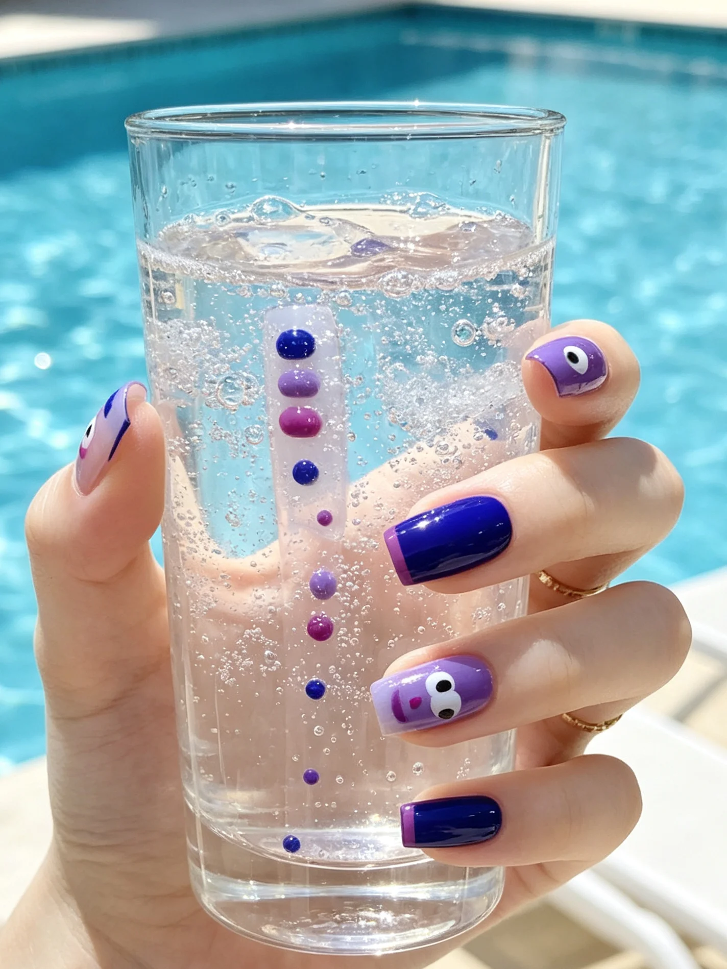 Cute Cartoon Monster Face Press On Nails, Medium Square Purple Blue French False Nails, Fun Graffiti Reusable Wearable Nails for Women Girls, 24 Pcs