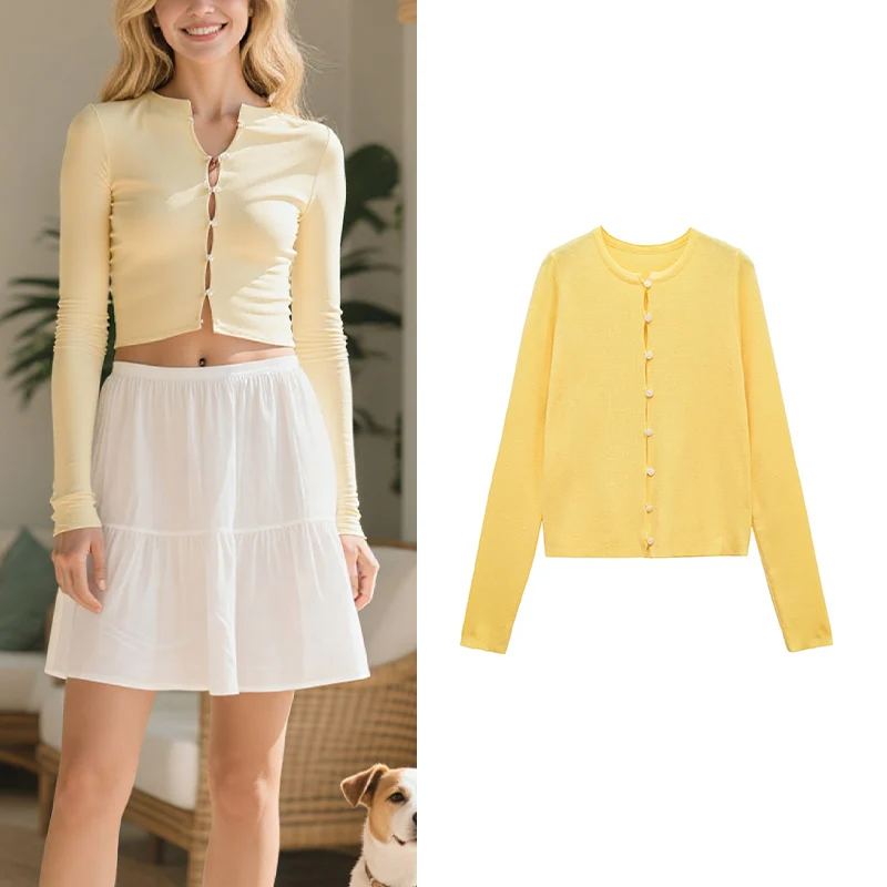 

Женский повседневный вязаный летний Trafizaran, женский французский ажурный вязаный кардиган с круглым вырезом и длинными рукавами, повседневный летний многослойный кардиган