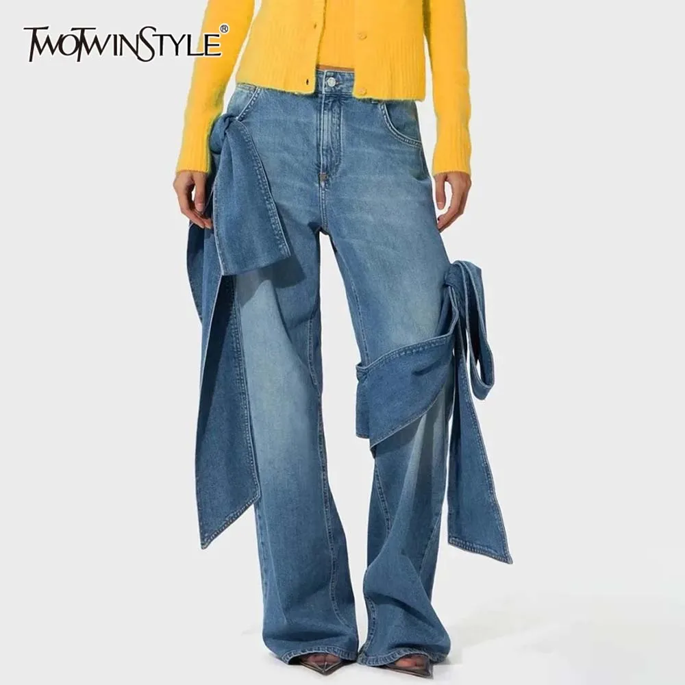 

TWOTWINSTYLE Patchwork Bownot Designer Denim Pants For Women High Waist Spliced Pockets Loose Streetwear Jeans Female Fashion