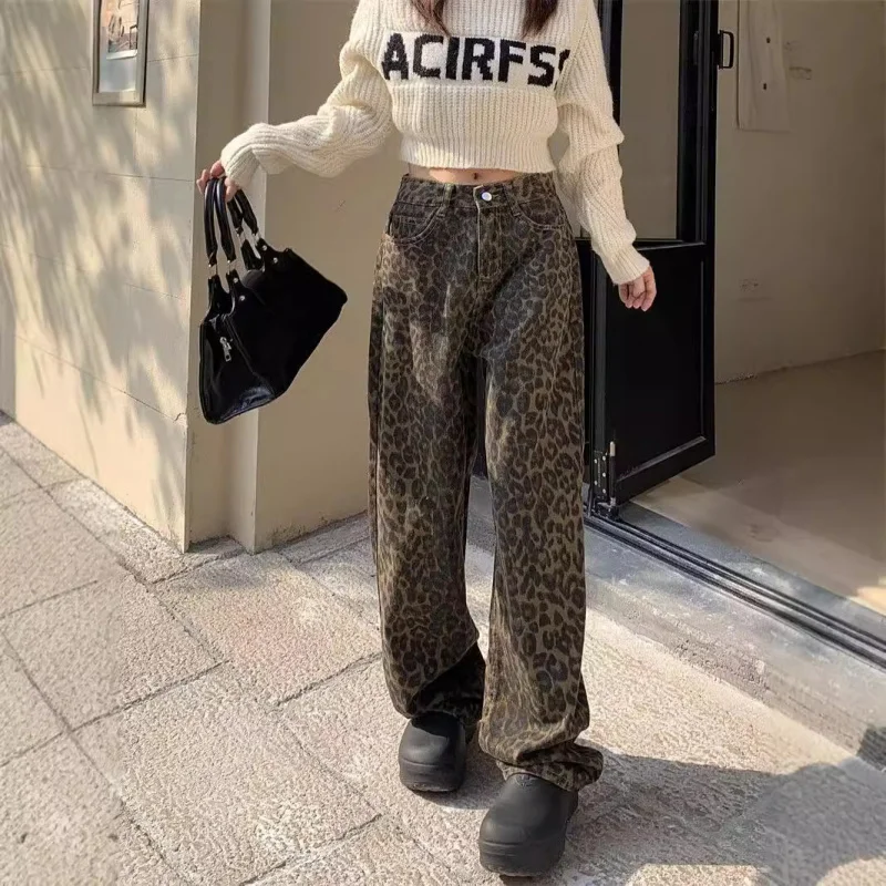 

American Style Retro Washed Leopard Print Jeans Women's Ruan Shuai Fried Street High Waist Wide Leg Pants Straight Loose-Fitting