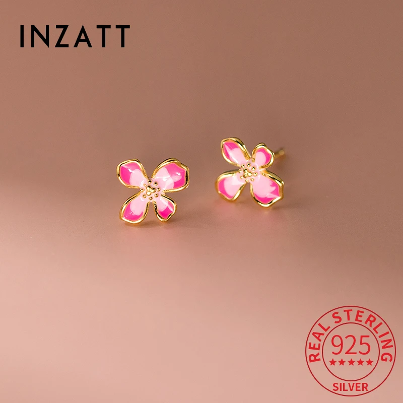 

INZATT Real 925 Sterling Silver Pink Flower Mini Stud Earrings for Women Cute Fine Jewelry Light Luxury Accessories