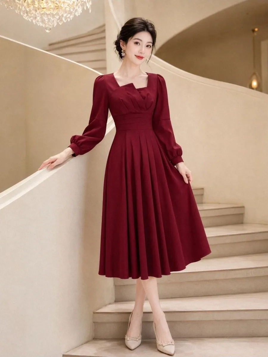 Elegant Long Sleeve Evening Dress Square Collar Slimming A-Line Skirt Daily Outing Party Atmosphere Dress Women's Fashion