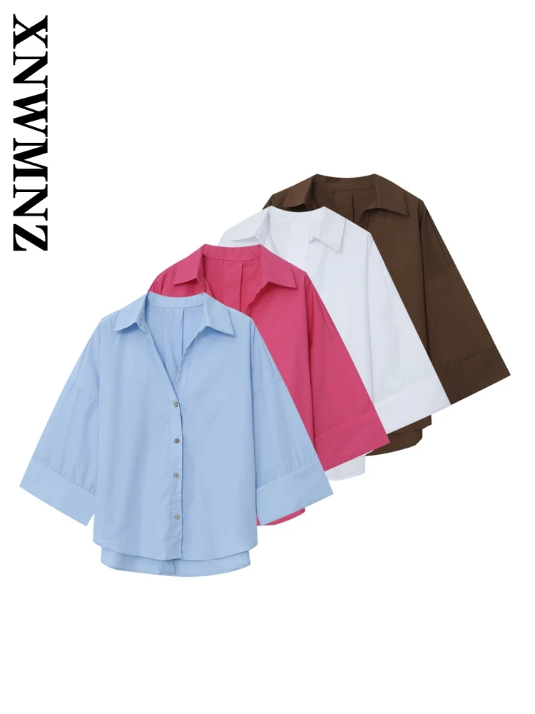 

XNWMNZ 2025 Spring Lady Simple Vintage Three Quarter Sleeve Turn-down Collar Splicing Shirt Elegant Fashion Summer Woman Top