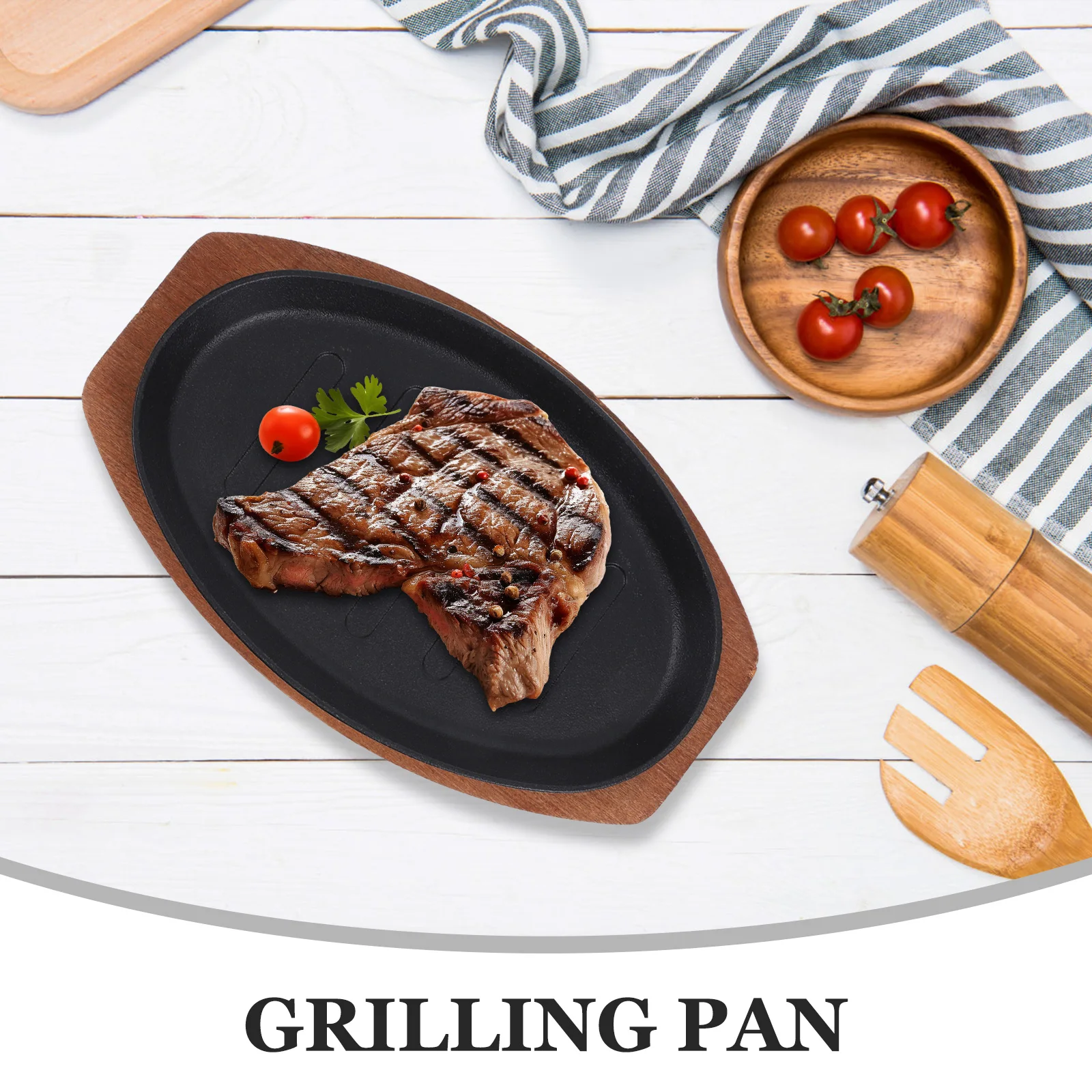 

Cast Iron Griddle Steak Plates 10 Inch Red Non stick Grill Pan Wooden Tray BBQ Tools Home Kitchen Supplies
